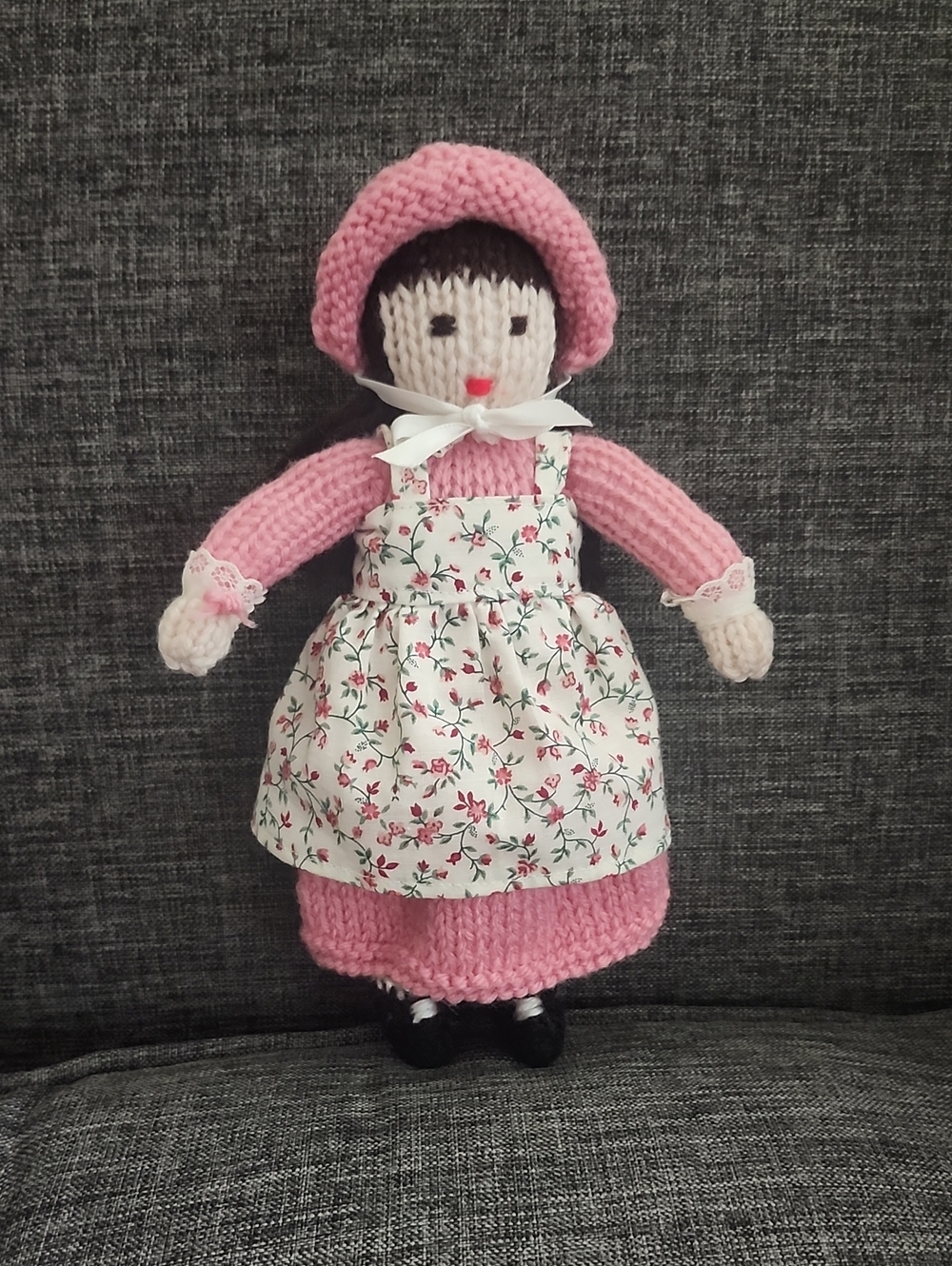 Handmade Pink Knit Doll with Floral Apron - Kids Toys